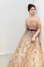 Pretty A Line Off The Shoulder Long Sleeves Floral Tulle Long Length Evening Dress Prom Dress