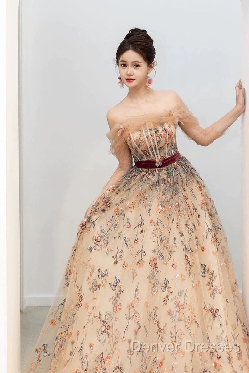 Pretty A Line Off The Shoulder Long Sleeves Floral Tulle Long Length Evening Dress Prom Dress