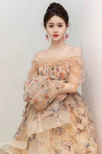 Pretty A Line Off The Shoulder Long Sleeves Floral Tulle Long Length Evening Dress Prom Dress