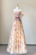 Pretty A Line Off The Shoulder Long Sleeves Floral Tulle Long Length Evening Dress Prom Dress