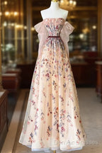 Pretty A Line Off The Shoulder Long Sleeves Floral Tulle Long Length Evening Dress Prom Dress