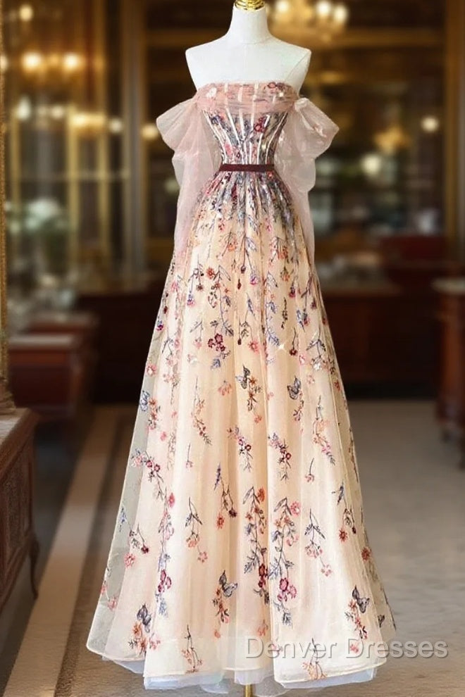 Pretty A Line Off The Shoulder Long Sleeves Floral Tulle Long Length Evening Dress Prom Dress