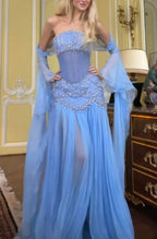 Pretty A Line Off The Shoulder Maxi Long Party Light Blue Chiffon Prom Dress Evening Dress