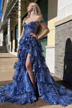 Pretty A-Line Off The Shoulder Pink Lace Slit Long Prom Dress Formal Evening Dress