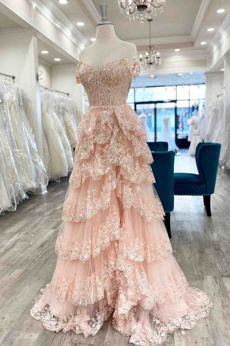 Pretty A-Line Off The Shoulder Pink Lace Slit Long Prom Dress Formal Evening Dress