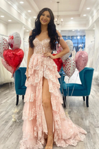 Pretty A-Line Off The Shoulder Pink Lace Slit Long Prom Dress Formal Evening Dress