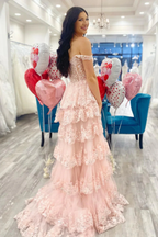 Pretty A-Line Off The Shoulder Pink Lace Slit Long Prom Dress Formal Evening Dress