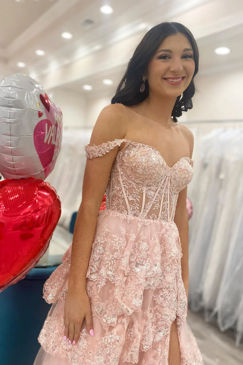 Pretty A-Line Off The Shoulder Pink Lace Slit Long Prom Dress Formal Evening Dress