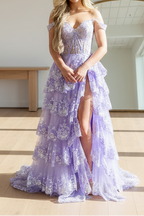 Pretty A-Line Off The Shoulder Pink Lace Slit Long Prom Dress Formal Evening Dress
