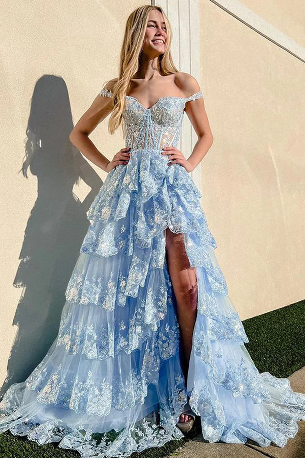 Pretty A-Line Off The Shoulder Pink Lace Slit Long Prom Dress Formal Evening Dress