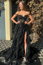 Pretty A-Line Off The Shoulder Pink Lace Slit Long Prom Dress Formal Evening Dress