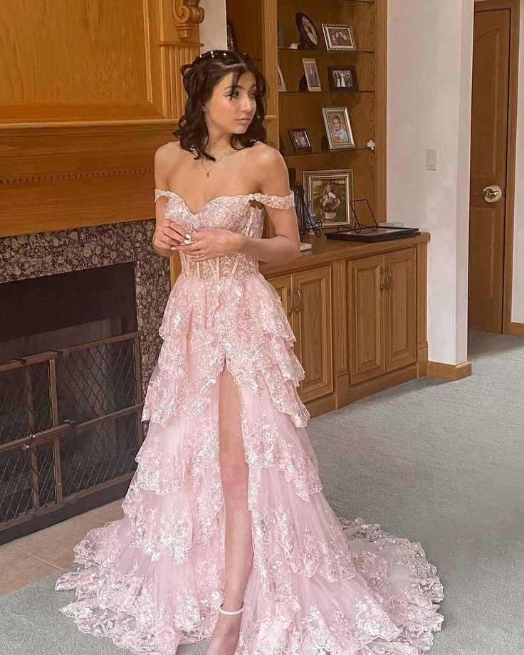 Pretty A-Line Off The Shoulder Pink Lace Slit Long Prom Dress Formal Evening Dress Main image
