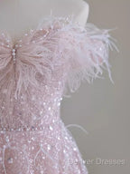 Pretty A Line Off The Shoulder Pink Sequin Long Evening Party Dress Prom Dress