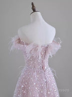 Pretty A Line Off The Shoulder Pink Sequin Long Evening Party Dress Prom Dress