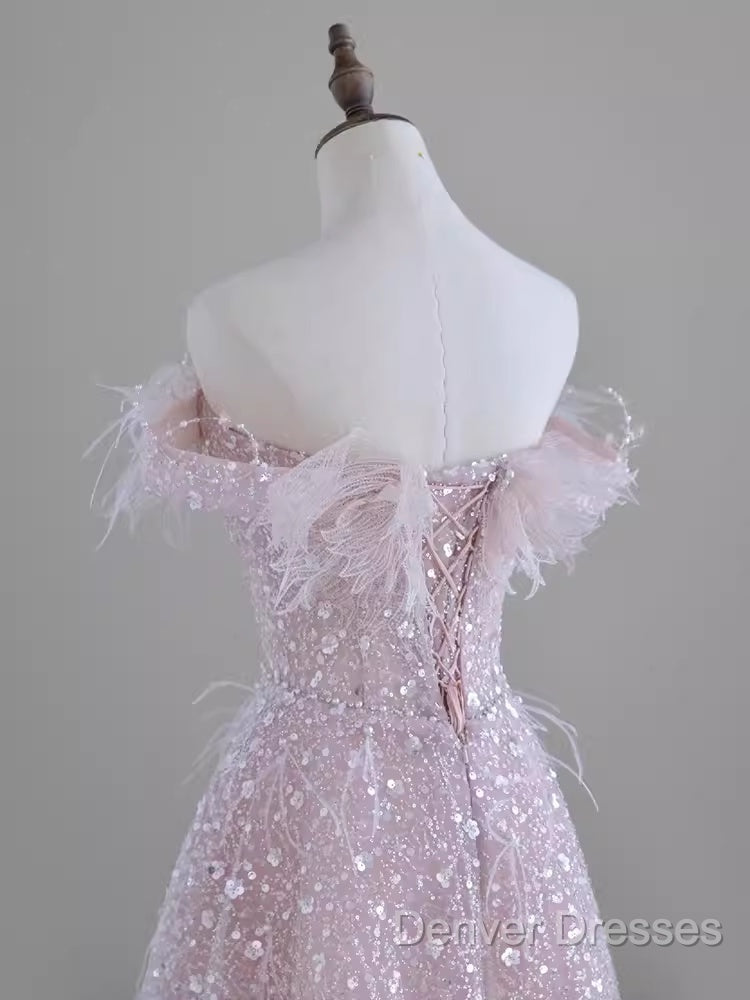 Pretty A Line Off The Shoulder Pink Sequin Long Evening Party Dress Prom Dress