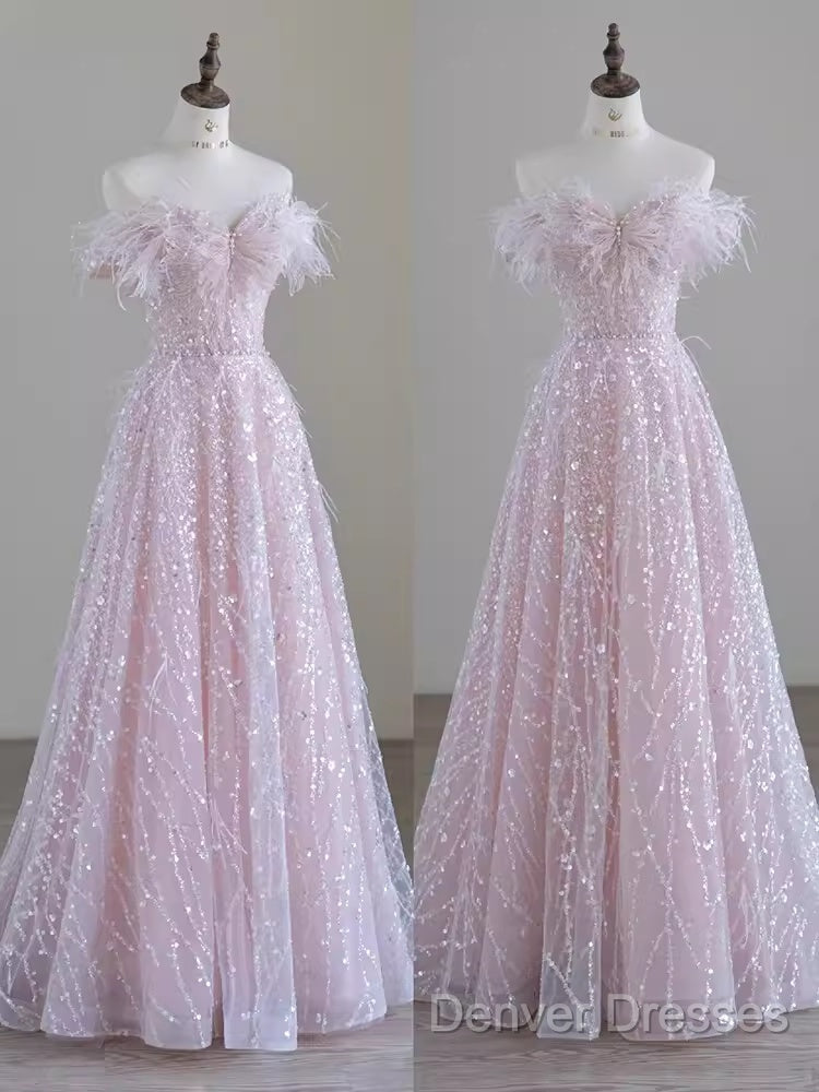 Pretty A Line Off The Shoulder Pink Sequin Long Evening Party Dress Prom Dress