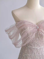 Pretty A Line Off The Shoulder Pink Sequin Long Evening Party Dress Prom Dress With Beads