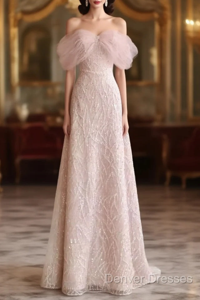 Pretty A Line Off The Shoulder Pink Sequin Long Evening Party Dress Prom Dress With Beads Main image