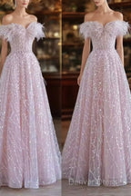 Pretty A Line Off The Shoulder Pink Sequin Long Evening Party Dress Prom Dress