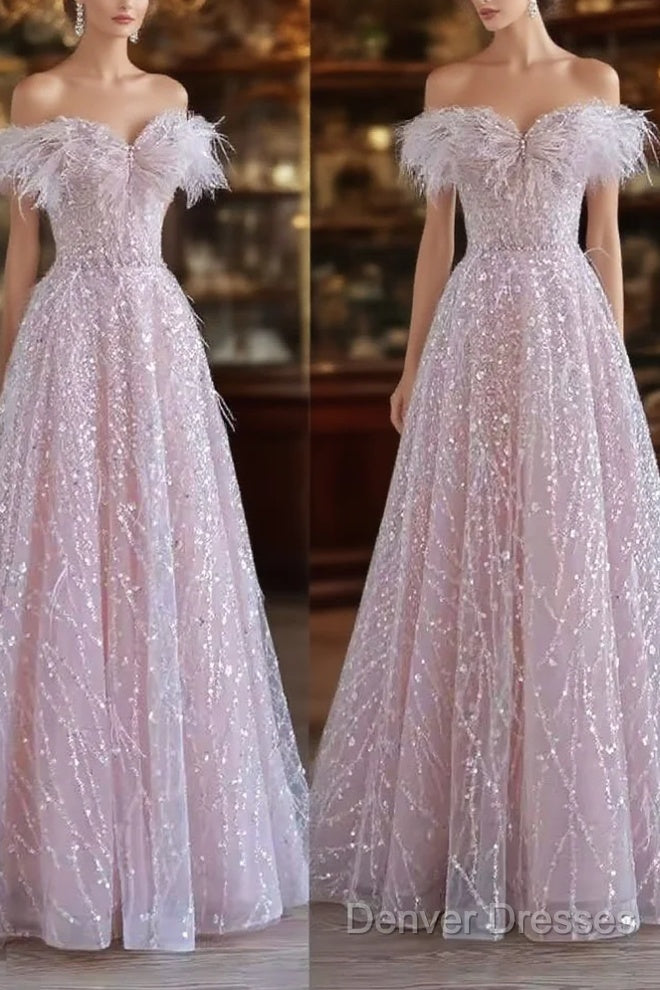 Pretty A Line Off The Shoulder Pink Sequin Long Evening Party Dress Prom Dress