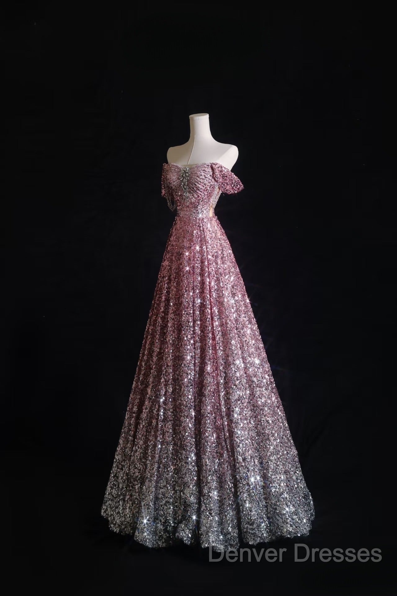 Pretty A Line Off The Shoulder Pink Sequin Long Prom Dress Evening Gowns Secondary image