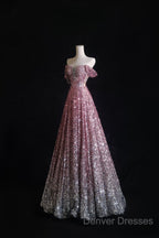 Pretty A Line Off The Shoulder Pink Sequin Long Prom Dress Evening Gowns