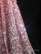 Pretty A Line Off The Shoulder Pink Sequin Long Prom Dress Evening Gowns