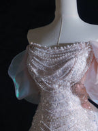 Pretty A Line Off The Shoulder Pink Sequin Long Prom Dress Evening Gowns