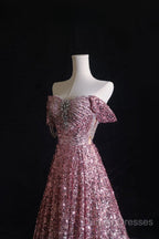 Pretty A Line Off The Shoulder Pink Sequin Long Prom Dress Evening Gowns