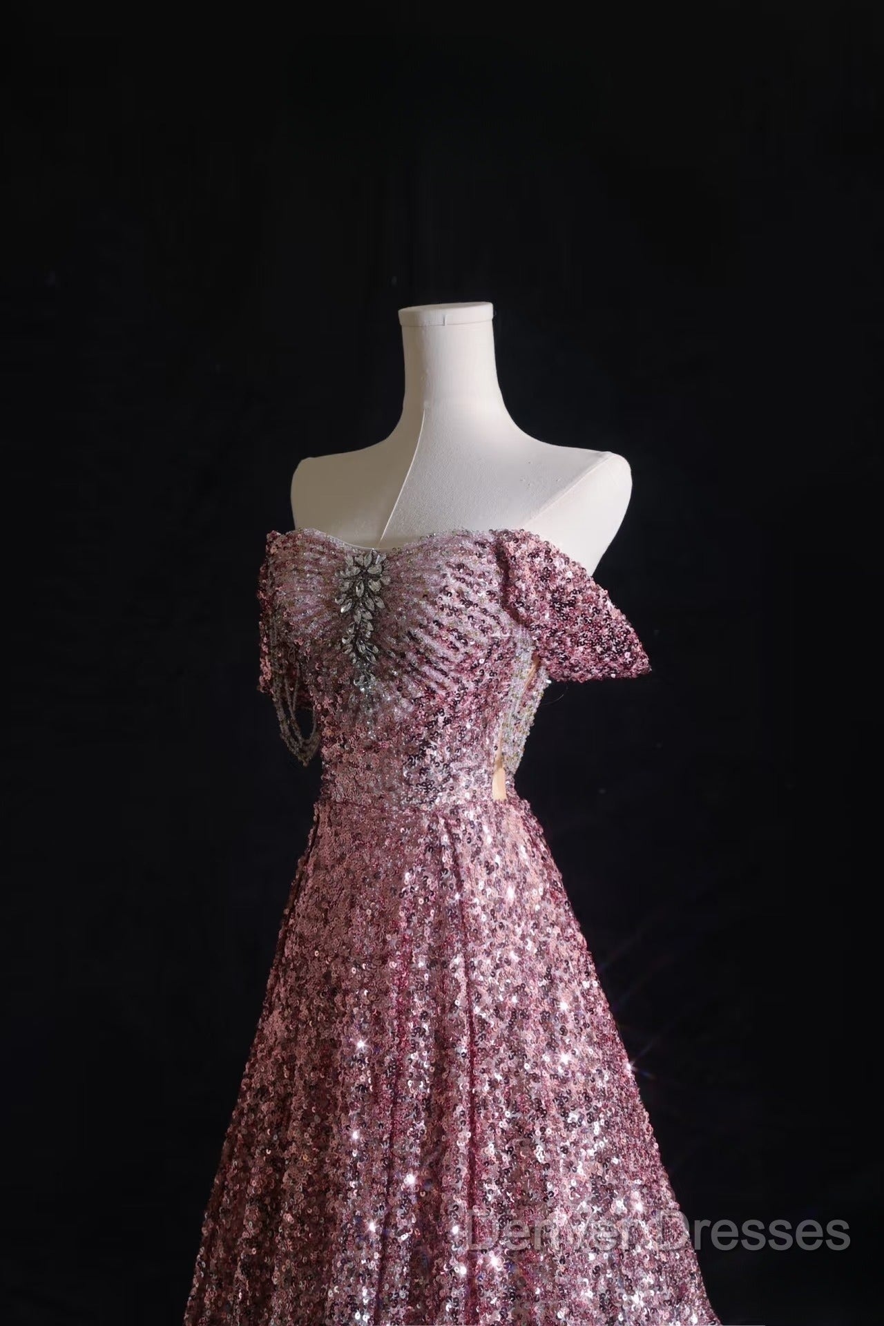 Pretty A Line Off The Shoulder Pink Sequin Long Prom Dress Evening Gowns