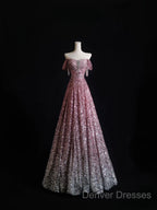 Pretty A Line Off The Shoulder Pink Sequin Long Prom Dress Evening Gowns
