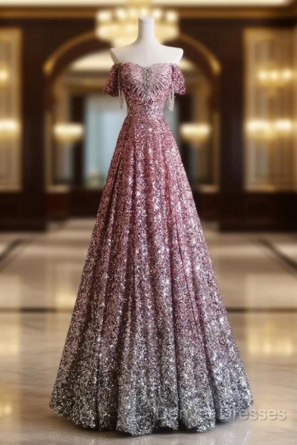 Pretty A Line Off The Shoulder Pink Sequin Long Prom Dress Evening Gowns Main image