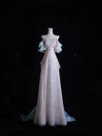 Pretty A Line Off The Shoulder Pink Sequin Long Prom Dress Evening Gowns