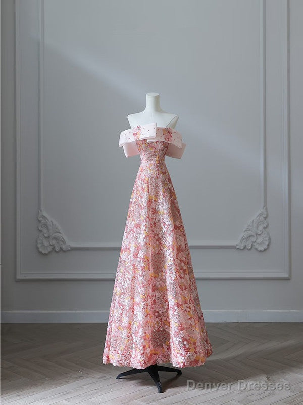 Pretty A Line Off The Shoulder Sequin Pink Floor Length Evening Dress Prom Dresses Main image