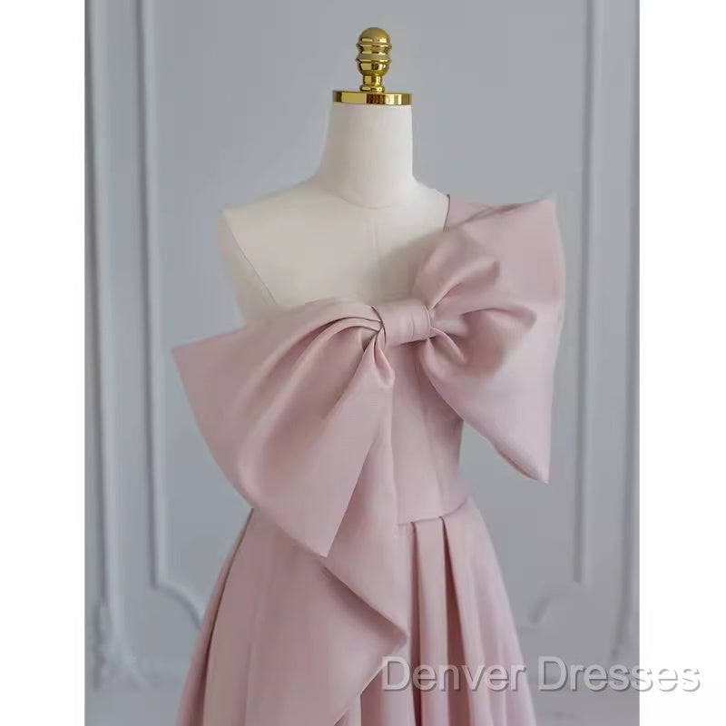 Pretty A Line One Shoulder Pink Satin Long Evening Party Dress Prom Dress With Bowknot
