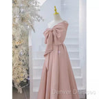 Pretty A Line One Shoulder Pink Satin Long Evening Party Dress Prom Dress With Bowknot