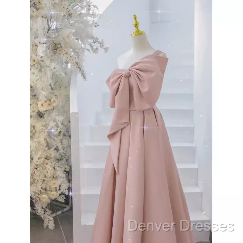 Pretty A Line One Shoulder Pink Satin Long Evening Party Dress Prom Dress With Bowknot