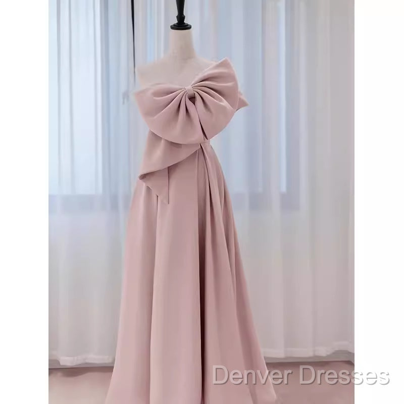 Pretty A Line One Shoulder Pink Satin Long Evening Party Dress Prom Dress With Bowknot