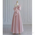 Pretty A Line One Shoulder Pink Satin Long Evening Party Dress Prom Dress With Bowknot