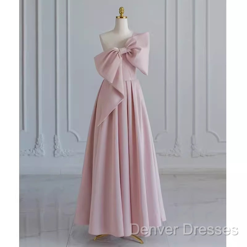 Pretty A Line One Shoulder Pink Satin Long Evening Party Dress Prom Dress With Bowknot
