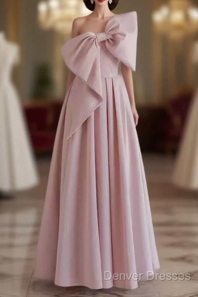 Pretty A Line One Shoulder Pink Satin Long Evening Party Dress Prom Dress With Bowknot Main image