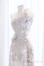 Pretty A Line One Shoulder Silver Sequin Long Length Evening Dress Prom Dress