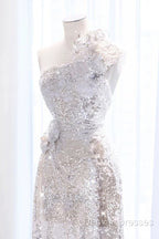 Pretty A Line One Shoulder Silver Sequin Long Length Evening Dress Prom Dress