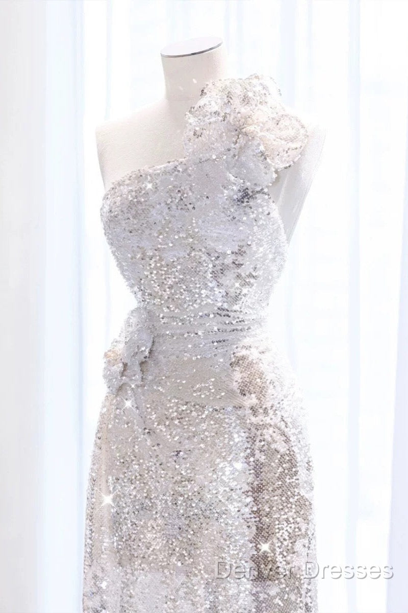 Pretty A Line One Shoulder Silver Sequin Long Length Evening Dress Prom Dress