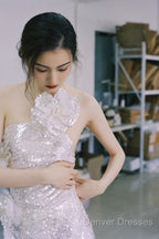 Pretty A Line One Shoulder Silver Sequin Long Length Evening Dress Prom Dress