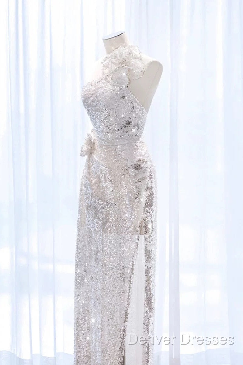 Pretty A Line One Shoulder Silver Sequin Long Length Evening Dress Prom Dress