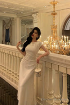 Pretty A Line Scoop Pleated White Prom Dresses Birthday Outfits Evening Gown