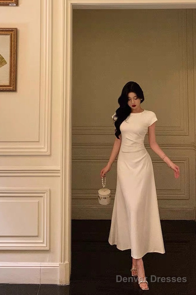 Pretty A Line Scoop Pleated White Prom Dresses Birthday Outfits Evening Gown