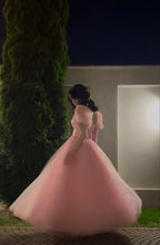 Pretty A Line Short Sleeves Pink Tulle Long Prom Dress Formal Evening Dress