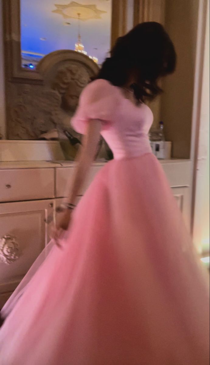 Pretty A Line Short Sleeves Pink Tulle Long Prom Dress Formal Evening Dress Main image